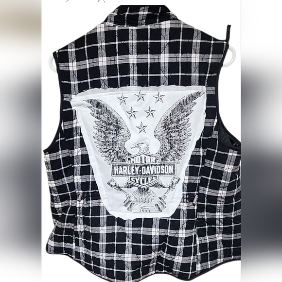 Upcycled Black & White Plaid Vest – Size Large – Harley Davidson Patch - Picture 8 of 8